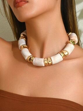 White and Gold Beaded Statement Necklace - Women's Jewelry